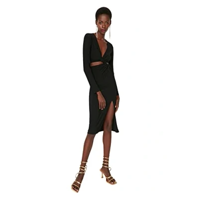 Abbildung von Trendyol Damen Figurbetont Bodycon V Ausschnitt Webstoff Kleid, Schwarz, 40