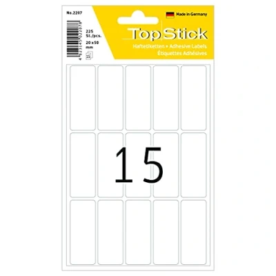 Abbildung von TopStick 2207 Vielzweck Etiketten, 2250 Stück, 20 x 50 mm, 15 pro Bogen, selbstklebend, Haushaltsetiketten zum Beschriften, matt, blanko Papier Klebeetiketten Aufkleber, weiß