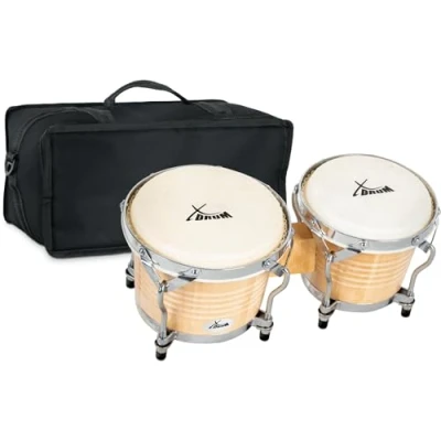 Abbildung von XDrum Bongos Pro Natur 2 Trommeln mit 6,5&quot; (17 cm) und 7,5&quot; (20 Durchmesser Bongotrommeln stimmbaren Naturfellen, Stimmschlüssel Tasche Holztrommeln Naturfarben