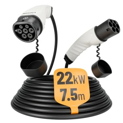 Abbildung von ABSINA Typ 2 Ladekabel 22kW &amp; 32A für Hybrid Elektroauto 7,5 Meter Auto Typ2 3 phasig Mode Kompatibel mit Model 3, e Up, ID.3, Zoe, EQ fortwo, Kona Elektro, ID.4 UVM