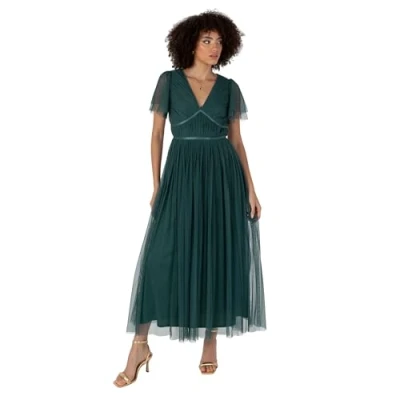 Abbildung von Anaya with Love Women&#039;s Ladies Midaxi Dress V Neck Short Flutter Sleeve Ribbon A line Tulle for Bridesmaid Wedding Guest Prom Ball Gown Smaragdgrün 44