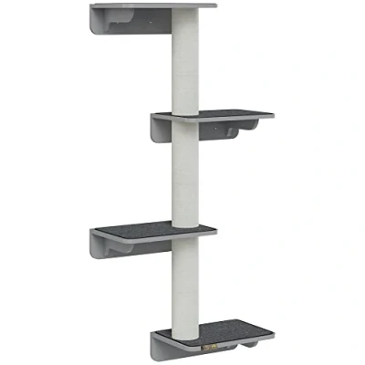 Abbildung von PawHut Kratzbaum Wandkratzbaum Katzenmöbel Wandmontage Holz, Hellgrau+Beige, 66B x 28T 137H cm
