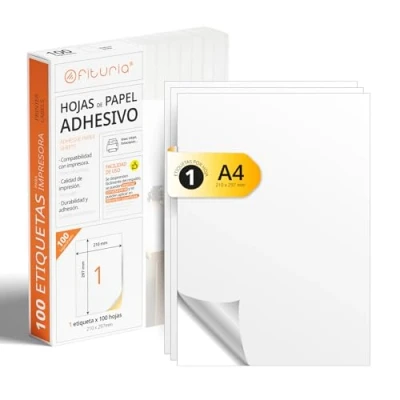 Abbildung von OFITURIA Etiqueta Adhesiva Blanca (A4) Papel de Pegatina para Imprimir Pack 100 Folios con Adhesivo Permanente y Fácil Despegue (100 Hojas, A6)