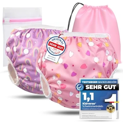 Abbildung von KIDVERSE 2er Set Schwimmwindel Baby 0 3 Jahre Hautfreundliche Schwimmwindeln wiederverwendbar &amp; saugstark mit Tasche Wäschenetz (Zitronen lila Blumen 2er)
