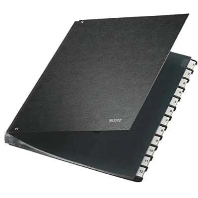 Abbildung von Leitz Pultordner, A4, 24 Fächer, Plastik Buchstaben Taben mit Einsteckschildern, 6 Sichtlöcher, Schwarze Hartpappe, Schwarz, 58240095