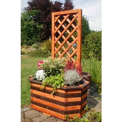 Abbildung von Deko Shop Hannusch Pflanzkasten, Blumenkasten, Blumenkübel aus massivem Holz mit schön gearbeiteter Pergola, für den Garten, Farbe:Braun Schwarz