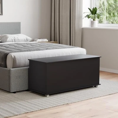 Abbildung von VIDA DESIGNS Leon Stauraum Ottomane Holztruhe mit Deckel, Sitz, Hocker, Fensterbank, Decken, Bettwäsche, Spielzeugkiste, Fußhocker, Schwarz
