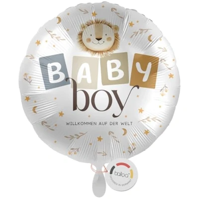 Abbildung von balloa Folienballon XXL rund, Helium Ballon Geburt Junge, Geschenk Baby Boy, Babyparty Deko Luftballon Willkommen, Motiv Löwe bedruckt blau braun 53cm