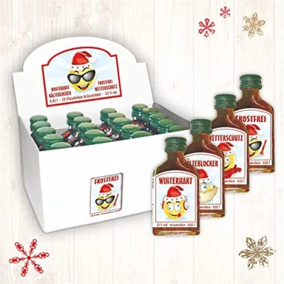 Abbildung von 20er Box Kräuterlikör Display Weihnachtsgrüße zu Weihnachten 20 St kleine Schnäpse Spirituosen 2 cl 33% vol. alk. Frostfrei Wetterschutz Kälteblocker Winterhart Geschenke für Männer