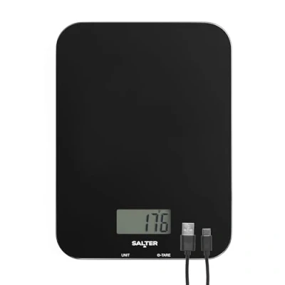 Abbildung von Salter SA00597FEU12 wiederaufladbare Küchenwaage digitale Waage zum Kochen und Backen, Tare Funktion, USB Ladekabel im Lieferumfang enthalten, misst Flüssigkeiten, schlankes Design, Kapazität 5 kg