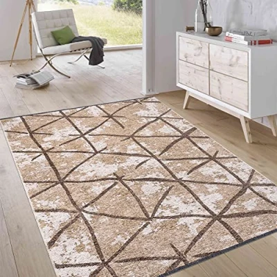 Abbildung von Jimri Kurzflor Wendeteppich Flach gewebter Teppich für Schlafzimmer &amp; Wohnzimmer, Eingang, Flur Maschinengefertigt, weicher Polyester Baumwoll Läufer Rauten Beige, Grösse : 115x170 cm