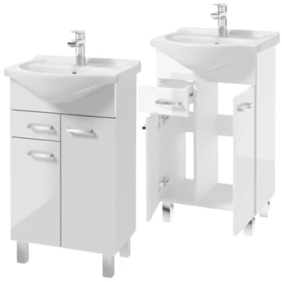 Abbildung von Deftrans Domodomo Badezimmerschrank mit Waschbecken, 80 x 50 30 cm weißer Waschbeckenschrank, Keramik Waschbecken Set, Standschrank Schublade