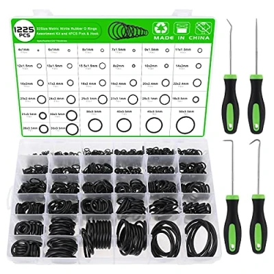Abbildung von Knpwer 1225 Stück 32 Größen Dichtungsringe Set O Ringe Sortiment,Nitrilkautschuk Gummi Dichtungen Ringe,Oel Benzin Säure und hitzebestaendig mit 4 Pick &amp; Hook