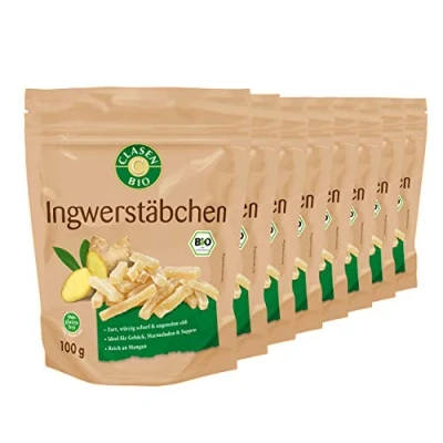 Abbildung von 8x CLASEN BIO Ingwerstäbchen, getrocknet, mit Rohrzucker gesüßt 100g