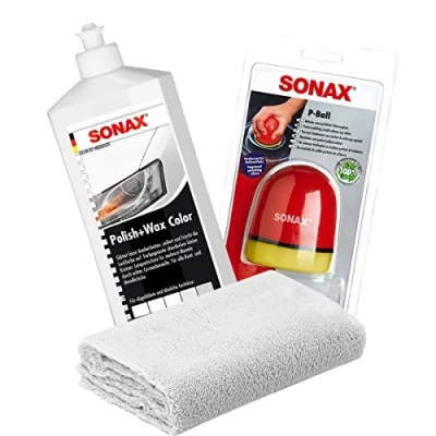 Abbildung von detailmate SONAX Hand Polier Set: Polish+Wax Color weiß 500ml Politur + P Ball ergonomischer Edgeless Superflausch Mikrofaser Poliertuch 40x40cm, 550GSM