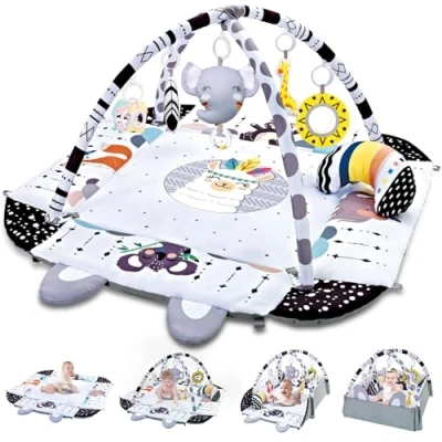 Abbildung von TFDER Baby Spieldecke mit Spielbogen，Multifunktionsspielbogen für Neugeborene 7 abnehmbaren sensorischen Spielzeugen，Krabbeldecken Babys und Kinder ab 0+ Monaten (Schwarz Weiß)