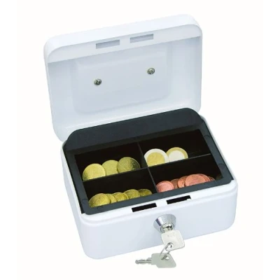 Abbildung von Wedo 145100X Geldkassette (aus pulverbeschichtetem Stahl, versenkbarer Griff, 4 Fächer Münzeinsatz, Sicherheits Zylinderschloss, 15,2 x 11,5 8,0 cm) weiß