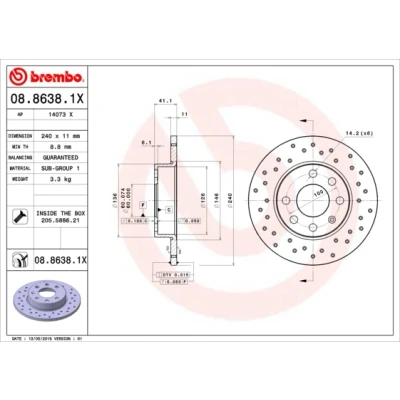 Abbildung von BREMBO XTRA LINE 08.8638.1X Bremsscheibe 240 11 4 voll, gelocht beschichtet mit Schrauben OPEL: Corsa C Schrägheck, С Kastenwagen