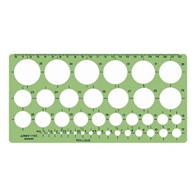 Abbildung von Linex 1116S Kreisschablone, 39 Kreise von 1 35 mm, Tuschenoppen, für Tuschefüller bis 0,5mm, mm Skala an einer Seite, 240 x 120