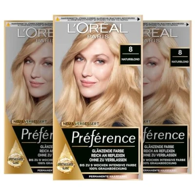 Abbildung von L&#039;Oréal Paris Permanente Haarfarbe, Haarfärbeset mit Coloration und Farbglanz Pflegebalsam, Préférence, 8 Naturblond, 3er Set