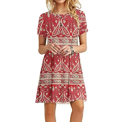Abbildung von MOLERANI Damen Sommerkleider Casual T Shirt Kurzarm Strandkleid Loose Swing Kleid (XL, Boho Blumenrot)
