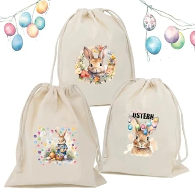 Abbildung von TOBJA Osternest Osterbeutel Stoff 3er Set Ostern Geschenkverpackung, Geschenksäckchen 25x30cm Osterhasen Ostergeschenk