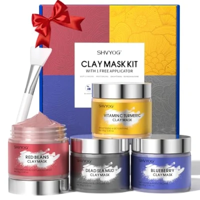 Abbildung von 4 Pcs Clay Mask Set, Vitamin C Kurkuma Tonmaske, Schlammmaske aus dem Toten Meer, Tonmaske Blaubeeren und roten Bohnen, Tiefenreinigung, Verfeinerung der Poren, Feuchtigkeitsspendend, 320 g