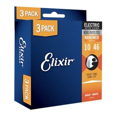 Abbildung von Elixir Strings vernickelte Stahlsaiten für E Gitarre mit NANOWEB Beschichtung Saiten 3er Pack, Light 1046