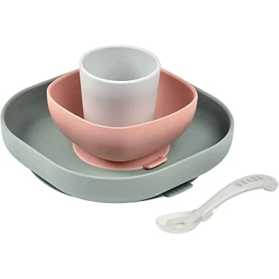 Abbildung von BÉABA, Baby Essensset aus Silikongeschirr, Mit Saugnapf, Rutschfest, 4 Teile, Teller + Schüssel Glas Löffel, Gesundes und nachhaltiges Silikon, Spülmaschinenfest, Mikrowellengeeignet, Eucalyptus