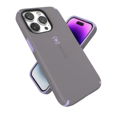 Abbildung von Speck iPhone 14 Pro Hülle Schlanke Handyhülle mit Fallschutz, Kratzfest weicher Haptik für 6,1 Zoll zweilagige Hülle, wolkiges Grau/Frühlingslila CandyShell