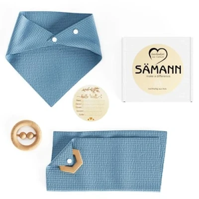 Abbildung von Sämann Neugeborenen Geschenkset zur Geburt mit Rassel Meilensteinkarte Schmusetuch Halstuch und Holzring Baby Geschenk (navyblau)