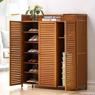 Abbildung von FUYAO Bambus Schuhschrank, rustikaler Eingangsbereich, Schuhregal, Schuhschrank mit Türen und Schublade, Bauernhaus Schuh Organizer für Flur, Schlafzimmer, Schrank