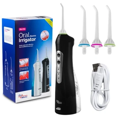 Abbildung von ProMedix PR 770 Elektrische Munddusche Reisemunddusche Wasser Flosser Oral Irrigator Zahnreinigung Zahnpflege 4 Düsen Drahtlos (Schwarz)