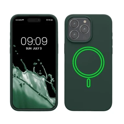 Abbildung von kwmobile Hülle kompatibel mit Apple iPhone 15 Pro Max magnetisches Silikon Case MagSafe Cover gummiert Moosgrün