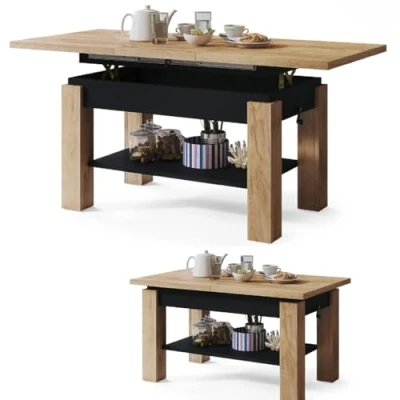 Abbildung von All4All Couchtisch Astra Kaffeetisch Wohnzimmertisch Sofatisch mit Ablage höhenverstellbar kompakte Größe 110x68cm 05 Gold Craft Eiche + SCHWARZ