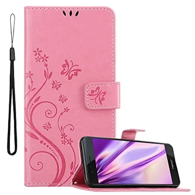 Abbildung von Cadorabo Hülle kompatibel mit Honor 8/8 Blumen Design aus Kunst Leder Flip Klappbare Stoßfeste Magnetische [Standfunktion] [Kartenfächern] Cover für Tasche in Rosa