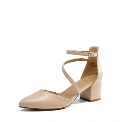 Abbildung von DREAM PAIRS Damen Pumps mit geschlossenem, spitzem Zehenbereich und niedrigem Blockabsatz, Knöchelriemen, Hochzeitsschuhe, Elegante Schuhe,Size 43,Beige Pu,SDPU2354W