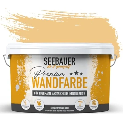 Abbildung von SEEBAUER diy Wandfarbe Orange 5L für Innen (No. 517 Tropical Taste) Edelmatte Innenfarbe Gelb Orangetöne sehr hohe Deckkraft Matt, Abwaschbar und Tropffrei