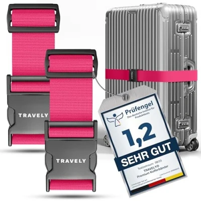 Abbildung von Travely® Premium Koffergurt Besonders Auffällig &amp; Sicher Inkl. 2 Namensschildern Gepäckband ideal über Kreuz [2er Set] Pink