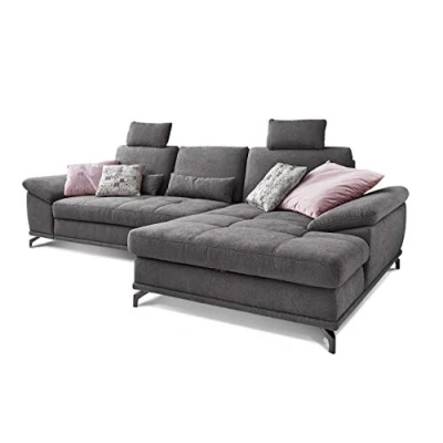 Abbildung von Cavadore Ecksofa Castiel mit Federkern / Großes Sofa in L Form Sitztiefenverstellung, Kopfstützen und XL Longchair 312 x 114 173 Webstoff, Grau