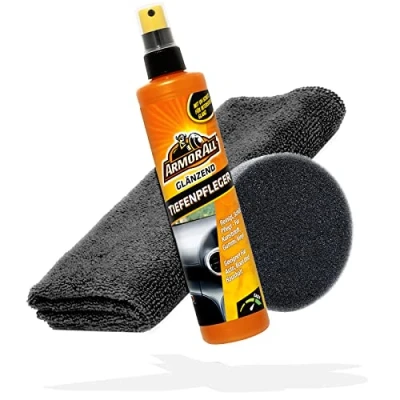 Abbildung von detailmate Auto Cockpitpflege Set: Armor All Kunststoff Tiefenpfleger glänzend 300ml Microfasertuch Premium 320GSM Applikatorpad Ø90mm Kunststoffpflege Innenraum