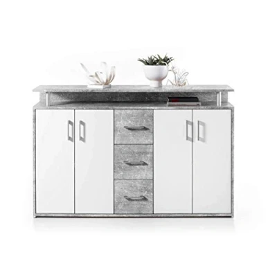 Abbildung von Avanti Trendstore Doro Kommode aus Holzdekor, mit 1 offenen Ablage, 3 Schubladen und 4 Türen, in 2 verfügbar, Maße BHT 139x90x34 cm (Beton weiß)