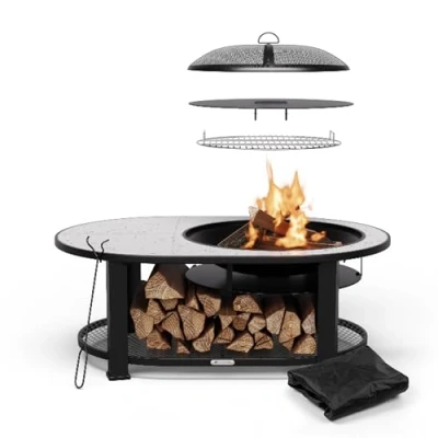 Abbildung von blumfeldt Feuerschale Merano Round L, (Set, Set), Garten Grill Tisch Funkenschutz Feuerkorb Feuerstelle Outdoor