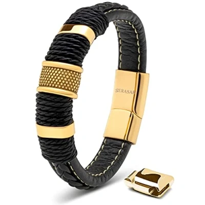 Abbildung von SERASAR Lederarmband für Männer 20cm Gold Herren Armband Leder Armreif Lederband Herrenarmreif Armschmuck Schmuck Herrenschmuck Armkette Flecht Wickelarmband Kette