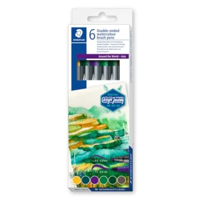 Abbildung von STAEDTLER Doppelfasermaler wasservermalbar, für Aquarell Effekte, zwei Linienbreiten, feine Spitze und breite Pinselspitze, Kartonetui mit 6 brillanten Farben, 3001 C6 5