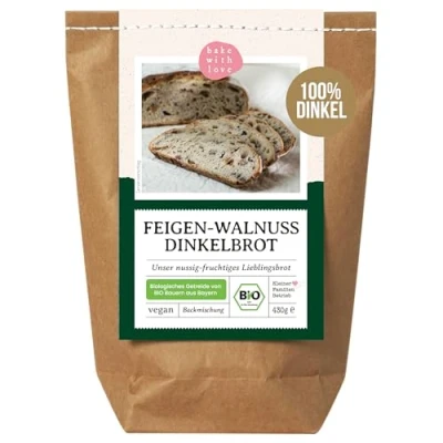 Abbildung von Bio Feigen Walnuss Dinkelbrot Brotbackmischung 100% Dinkel ohne Weizen vegane Brotmischung, Brotbackautomat geeignet Bake with Love (1er Pack)