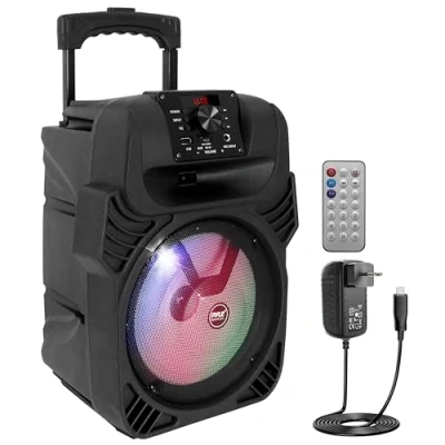 Abbildung von Pyle PA Lautsprecher Bluetooth, Musikbox, Partybox, Karaoke Maschine 400W, 8&quot; Subwoofer, 4 Ohm/55 20kHz, USB/MP3/FM Radio/ 6,35mm Mikrofoneingänge, Mehrfarbige LED Party Lichter, Akku &amp; Fernbedienung