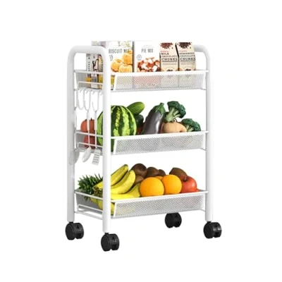 Abbildung von HYPIQQ Servierwagen Küchenwagen Bücherwagen Rollwagen Gemüsekorb Gemüseregal Mit Rollen Regal Allzweckwagen Schmal Beistellwagen Rollregal Schmal,Weiß,3 Tier