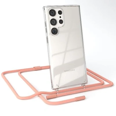 Abbildung von EAZY CASE kombinierbare Handyketten kompatibel mit Samsung Galaxy S23 Ultra, Transparente Silikon Hülle Umhängeband, abnehmbar durch abschraubbare Endstücke, Band, Handykordel, Korall