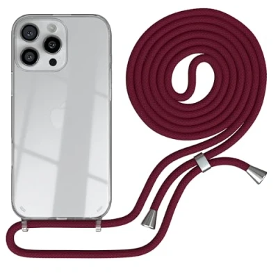 Abbildung von EAZY CASE Handykette kompatibel mit iPhone 16 Pro Max Handyhülle Umhängeband, Handykordel Schutzhülle, Silikonhülle, Hülle Band, Stylische Kette für Smartphone, Burgunder Rot